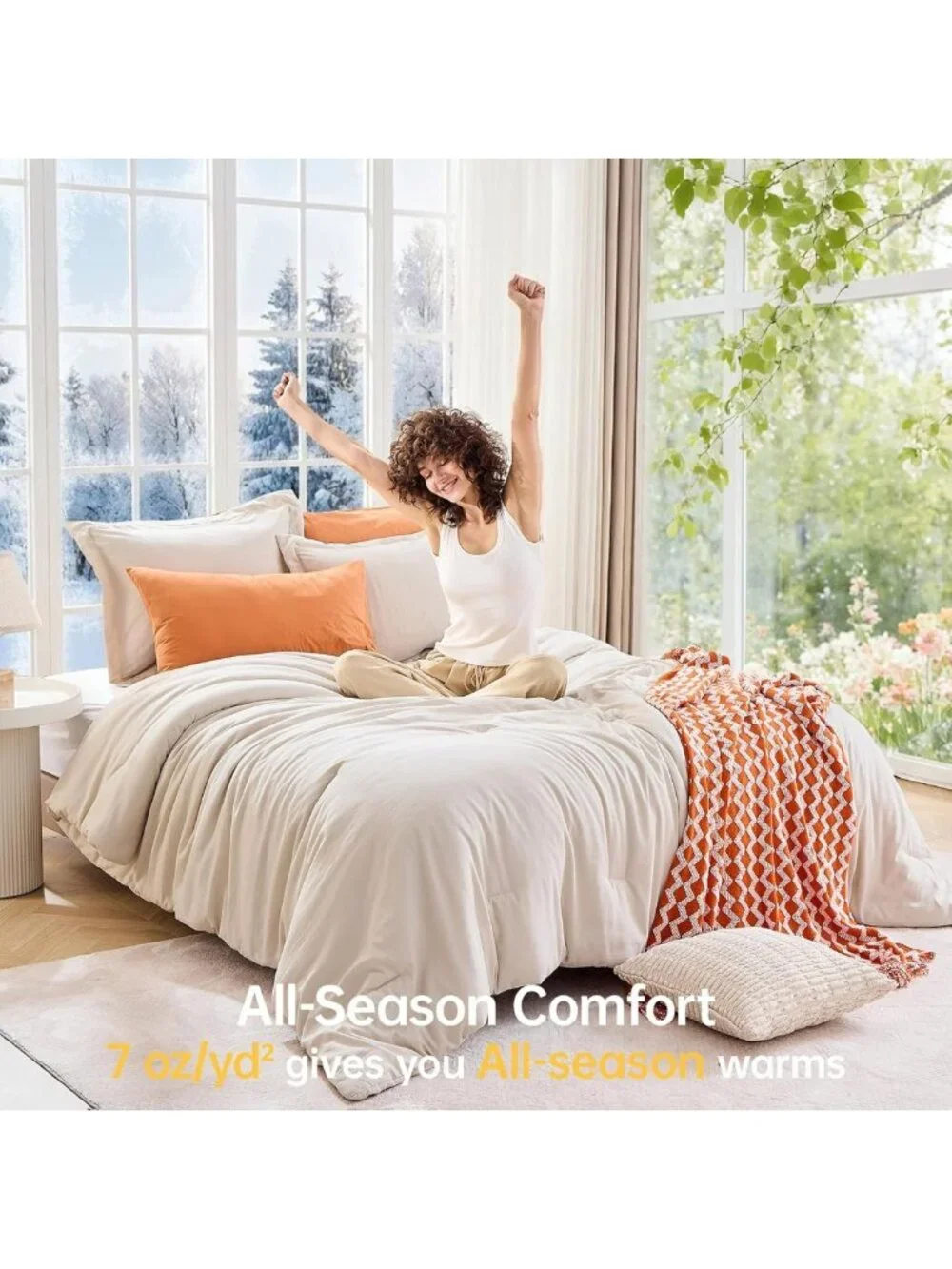 Cozy Beige Queen Comforter Set, 3-Piece Solid Bedding, All-Season Down